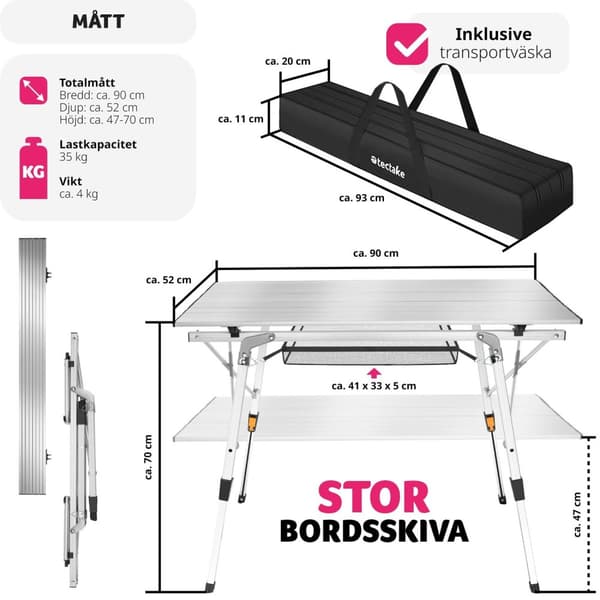 Campingbord Tina i aluminium , hopfällbart, höj- och sänkbart - silver