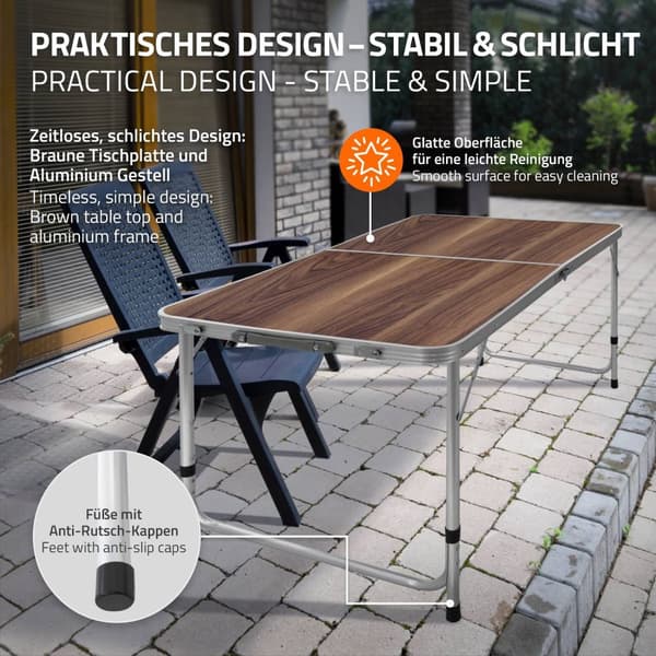 ECD Germany fällbart campingbord Justerbart kraftigt picknickbord Bärbart utomhusaluminiumbord - 120 cm - 4 fot höjdjusterbart - gångjärn - brun -