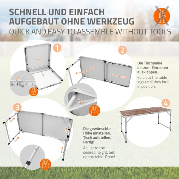 ECD Germany fällbart campingbord Justerbart kraftigt picknickbord Bärbart utomhusaluminiumbord - 120 cm - 4 fot höjdjusterbart - gångjärn - brun -