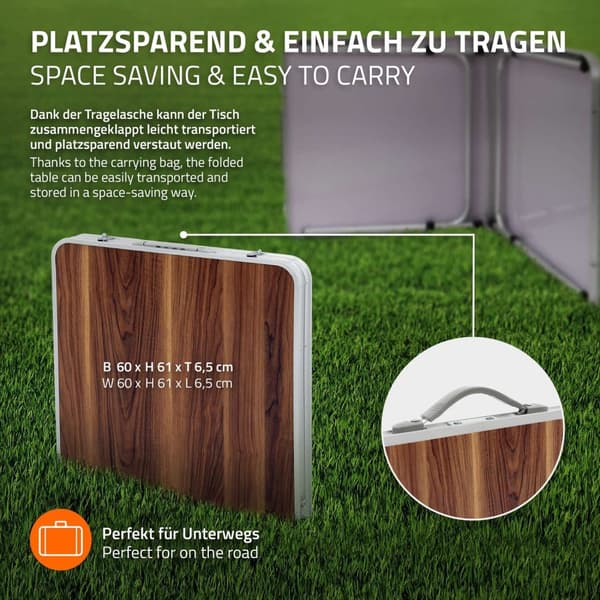 ECD Germany fällbart campingbord Justerbart kraftigt picknickbord Bärbart utomhusaluminiumbord - 120 cm - 4 fot höjdjusterbart - gångjärn - brun -