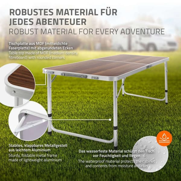 ECD Germany fällbart campingbord Justerbart kraftigt picknickbord Bärbart utomhusaluminiumbord - 120 cm - 4 fot höjdjusterbart - gångjärn - brun -