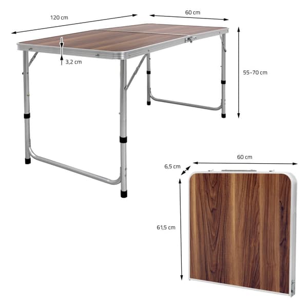 ECD Germany fällbart campingbord Justerbart kraftigt picknickbord Bärbart utomhusaluminiumbord - 120 cm - 4 fot höjdjusterbart - gångjärn - brun -