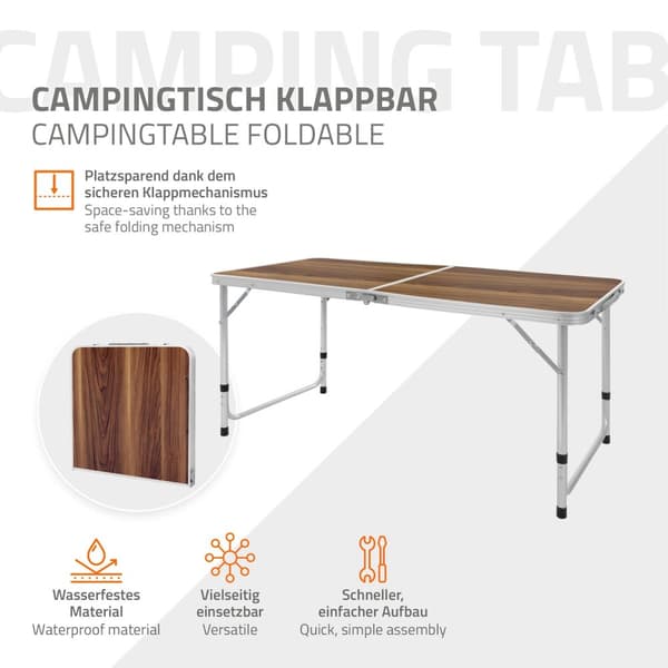 ECD Germany fällbart campingbord Justerbart kraftigt picknickbord Bärbart utomhusaluminiumbord - 120 cm - 4 fot höjdjusterbart - gångjärn - brun -