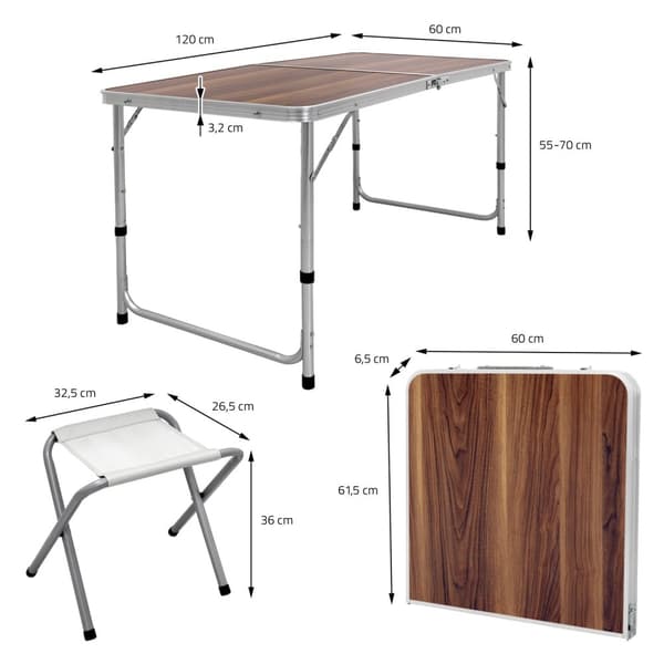 Camping bord Klapbord Havebord Bord med 4 taburetter aluminium 120cm træ indretning