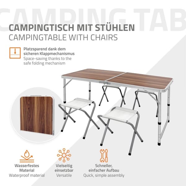 Camping bord Klapbord Havebord Bord med 4 taburetter aluminium 120cm træ indretning
