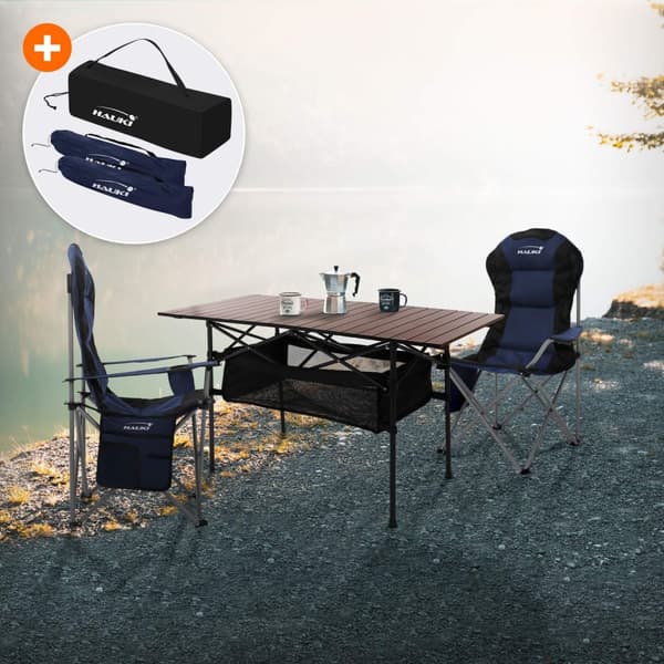 3-delat campingset med hopfällbart bord brunt och 2 campingstolar blå HAUKI