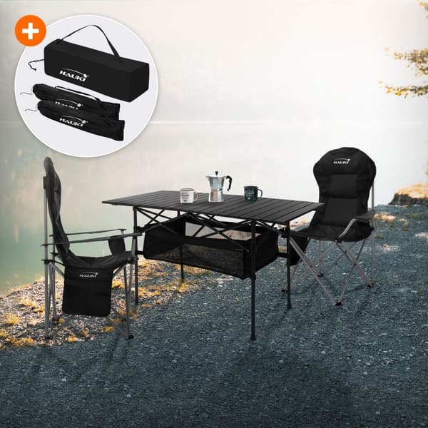 Hauki campingmöbel set 3 st. campingbord hopfällbart svart med 2 campingstolar svart, camping set för 2 personer med bärväska, hopfällbart