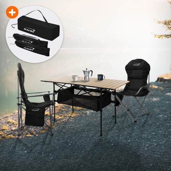 Hauki campingmøbelsæt 3 stk. campingbord sammenklappeligt beige med 2 campingstole sort, campingsæt til 2 personer med bæretaske, aluminiumsfoldebord