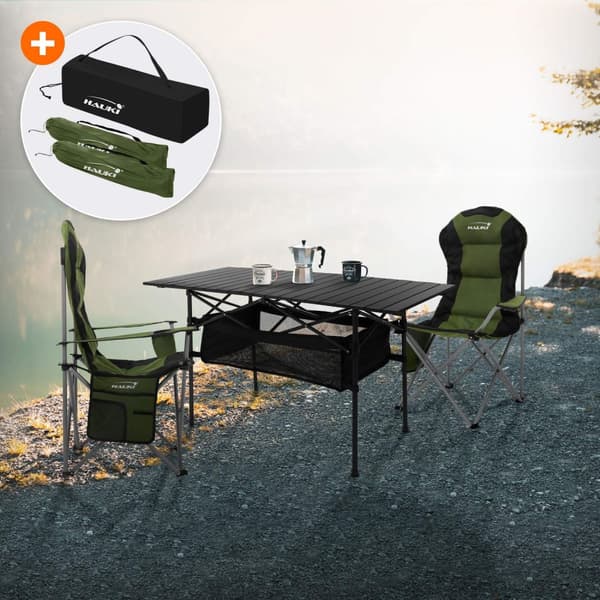 Hauki campingmöbel set 3 st, campingbord hopfällbart svart med 2 campingstolar khaki, camping set för 2 personer med bärväska, hopfällbart