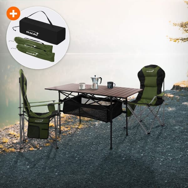 Hauki campingmøbelsæt 3 stk. campingbord foldbart brunt med 2 campingstole khaki, campingsæt til 2 personer med bæretaske, aluminiumsfoldebord med 2