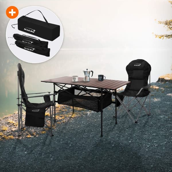 Hauki campingmøbelsæt 3 stk. campingbord foldbart brunt med 2 campingstole sort, campingsæt til 2 personer med bæretaske, aluminiumsfoldebord med 2