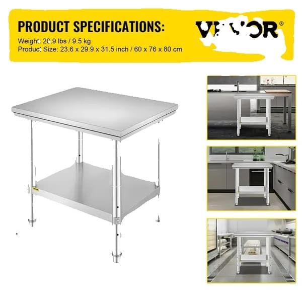 Köksarbetsbänk, kommersiellt cateringbord, rostfritt stål, 24x24x35 tum 330 kg