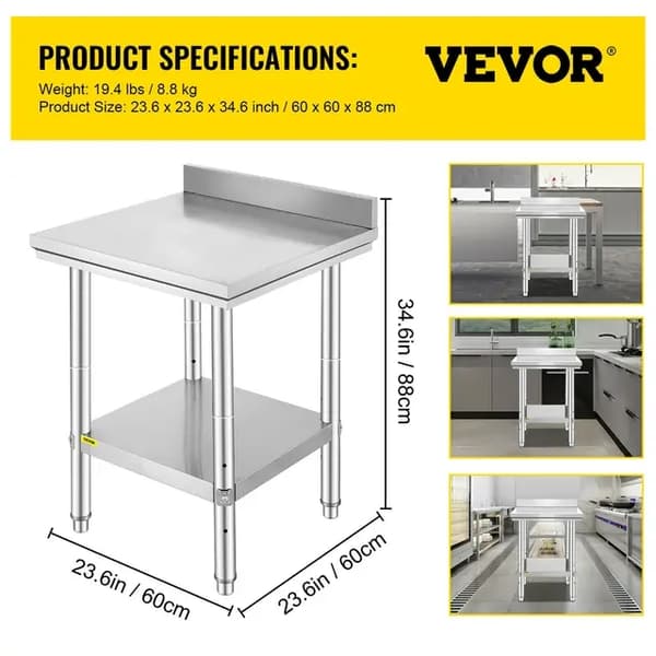 Køkkenarbejdsbord, kommercielt cateringbord, rustfrit stål, 24x24x35 tommer 330 kg