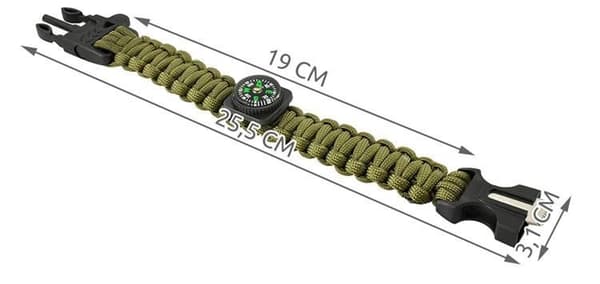 Paracord Survival Rannekoru sytyttimellä ja kompassilla 5-in-1 Green