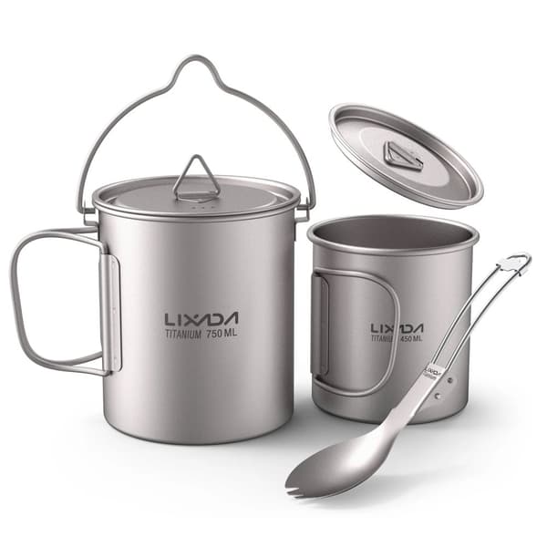 Ultralätt titanpanna, 750 ml kapacitet, fällbart handtag, inkluderar lock,1 set
