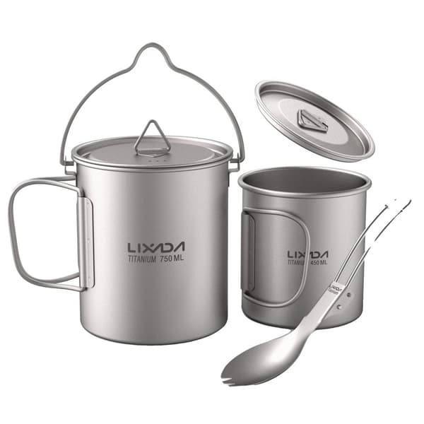 Ultralätt titanpanna, 750 ml kapacitet, fällbart handtag, inkluderar lock,1 set