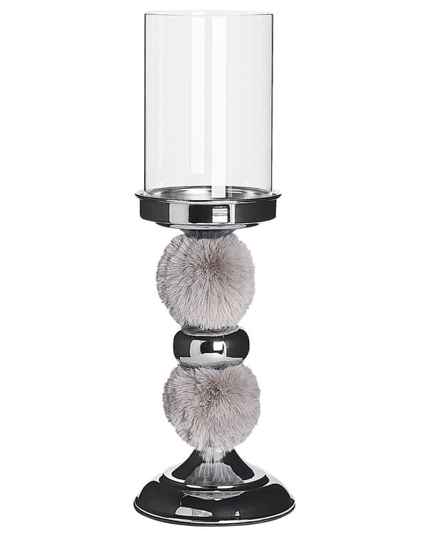 Lysestage Sølv Metal Søjle med Grå Imiteret Pels Glasskærm 38 cm Accent Stykke Dekoration Bord Midtpunktet Stue og Værelsesindretning