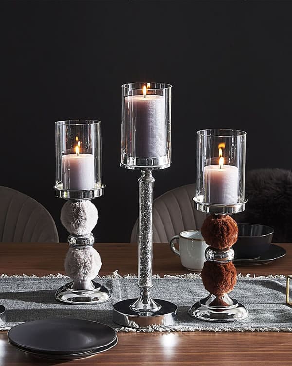 Ljushållare Silver Metall Glas Med Grå Fuskpäls 38 cm Accentstycke Bordsdekoration Bordsuppsats Glam