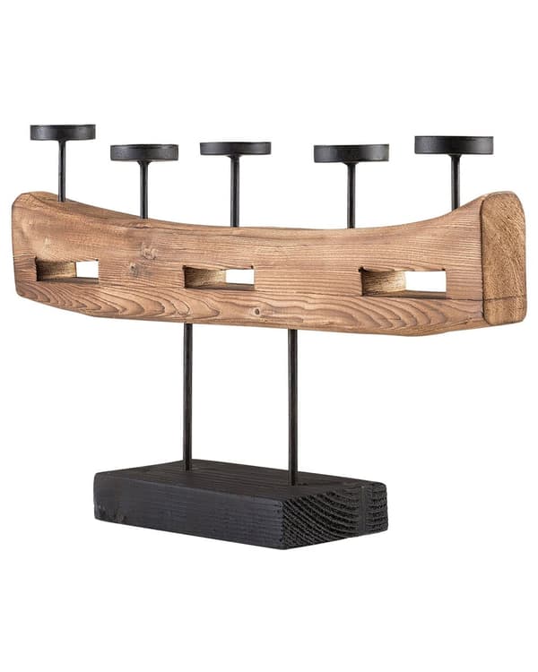 Kynttilänjalka vaalea puu mänty metalli 60 x 11 x 36 cm käsintehty viisihaarainen rustiikkinen tyyli