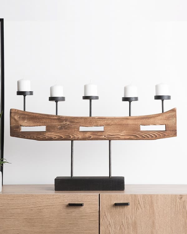 Kynttilänjalka vaalea puu mänty metalli 60 x 11 x 36 cm käsintehty viisihaarainen rustiikkinen tyyli