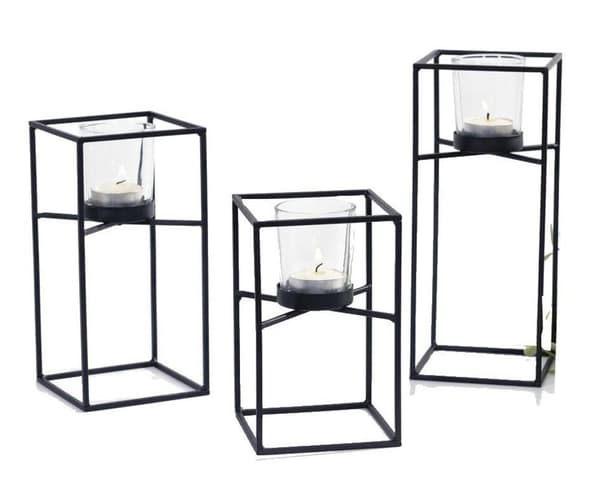 Lysestage Sort metal/glas 3-pak