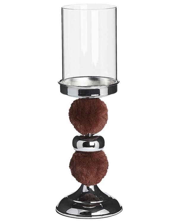 Kynttilänjalka hopea metalli lasi ⌀ 12 x 38 cm ruskeat tupsut pilarikynttilöille tuikkukynttilöille glamour