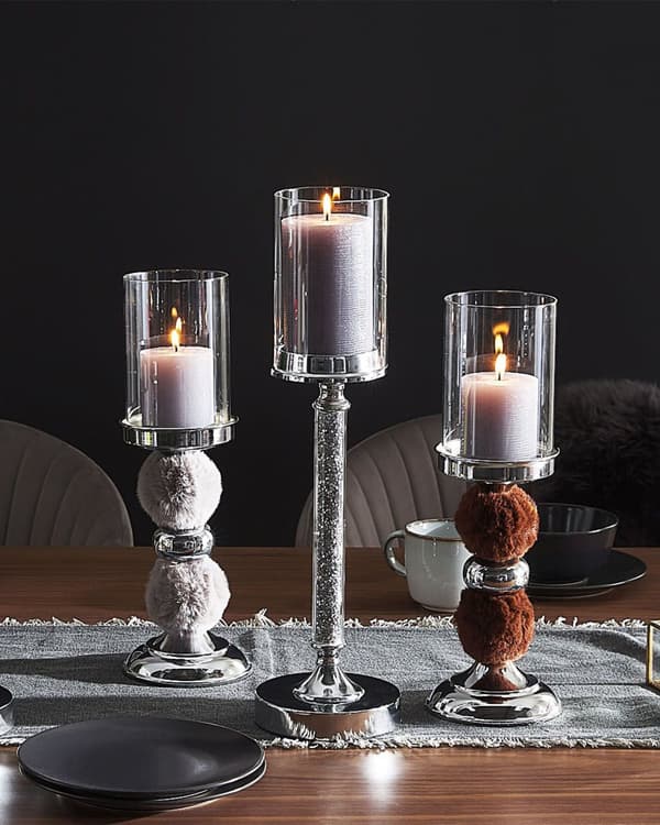 Ljushållare Silver Metall Glas Med Brun Fuskpäls 38 cm Accentstycke Bordsdekoration Bordsuppsats Glam