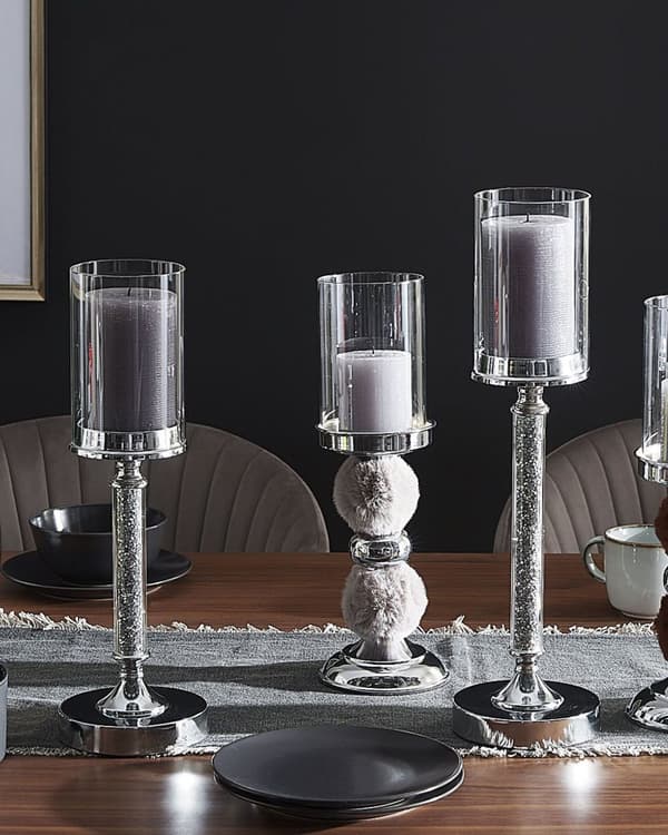 Kynttilänjalka hopea metalli pilari muoto 48 cm korkea koriste glamour tyyli