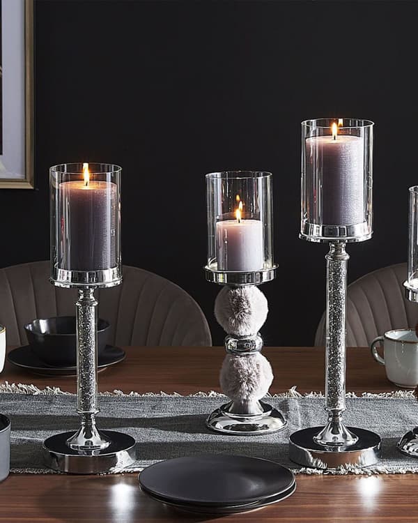 Kynttilänjalka hopea metalli pilari muoto 48 cm korkea koriste glamour tyyli