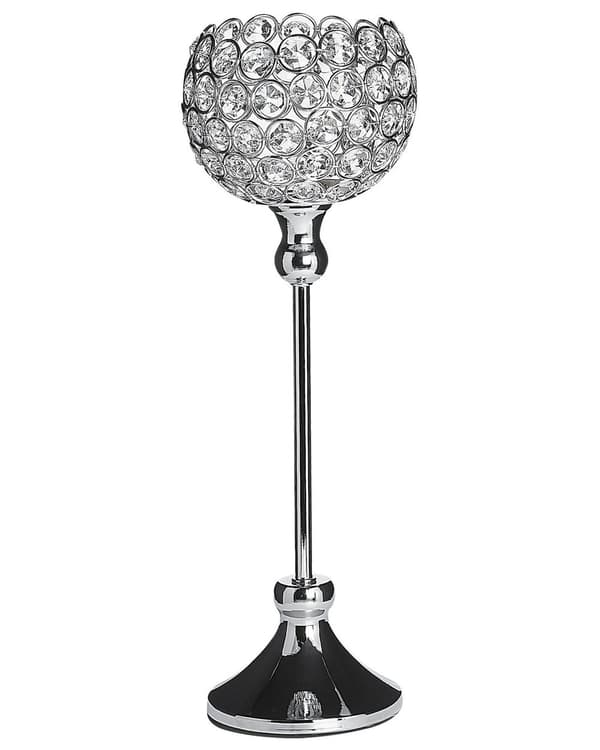 Kynttilänjalka hopea lasinen 27 cm korkea lasikristallit metalli glamour tyyli