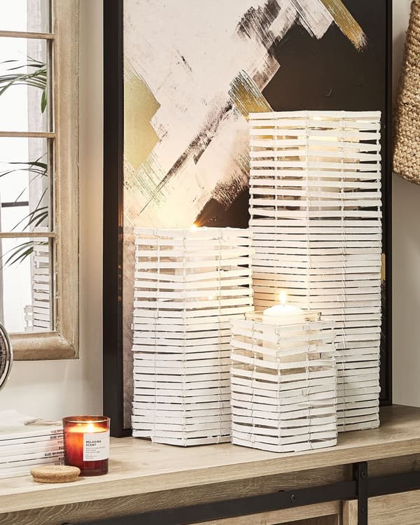 Set med 3 ljusstakar Vit Poppelträ Glas Olika storlekar Fyrkantig Boho Design