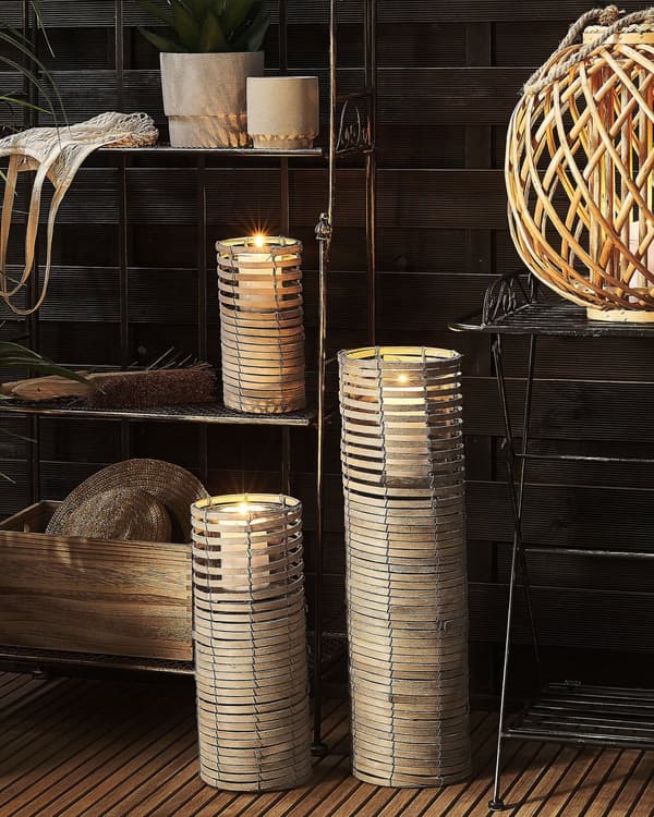Lysestager Grå Poppel Træ Glas og Jern 3 stk Sæt Stearinlys Holder til Bloklys Boho Design Tilbehør Indretning Bordpynt Stue