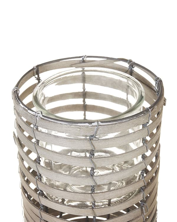 Lysestager Grå Poppel Træ Glas og Jern 3 stk Sæt Stearinlys Holder til Bloklys Boho Design Tilbehør Indretning Bordpynt Stue
