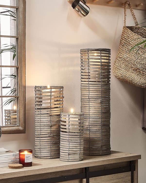 Lysestager Grå Poppel Træ Glas og Jern 3 stk Sæt Stearinlys Holder til Bloklys Boho Design Tilbehør Indretning Bordpynt Stue