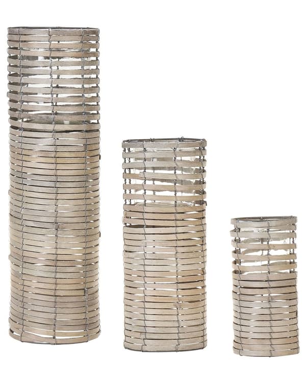 Lysestager Grå Poppel Træ Glas og Jern 3 stk Sæt Stearinlys Holder til Bloklys Boho Design Tilbehør Indretning Bordpynt Stue