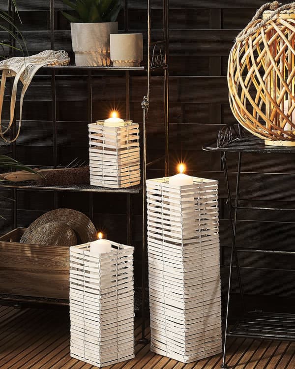 Sæt med 3 Lysestager Hvid Poppel Træ Glasholder Forskellige Størrelser høj firkantet Boho Design