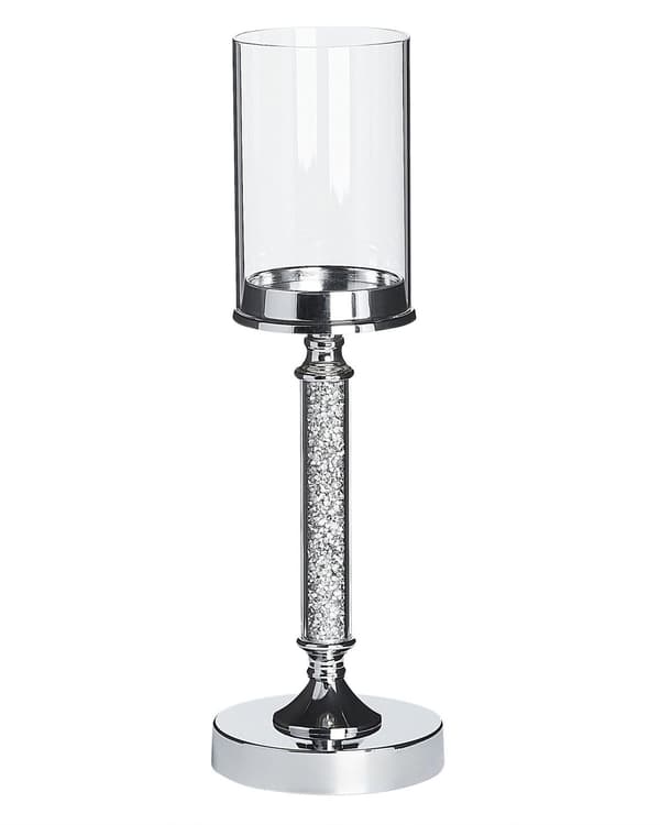 Lysestage i Sølv forkromet Metal med Søjle Glas 41 cm Glamour Cylinder form Dekoration Bord Midtpunkt egnet til fyrfadslys til stuen