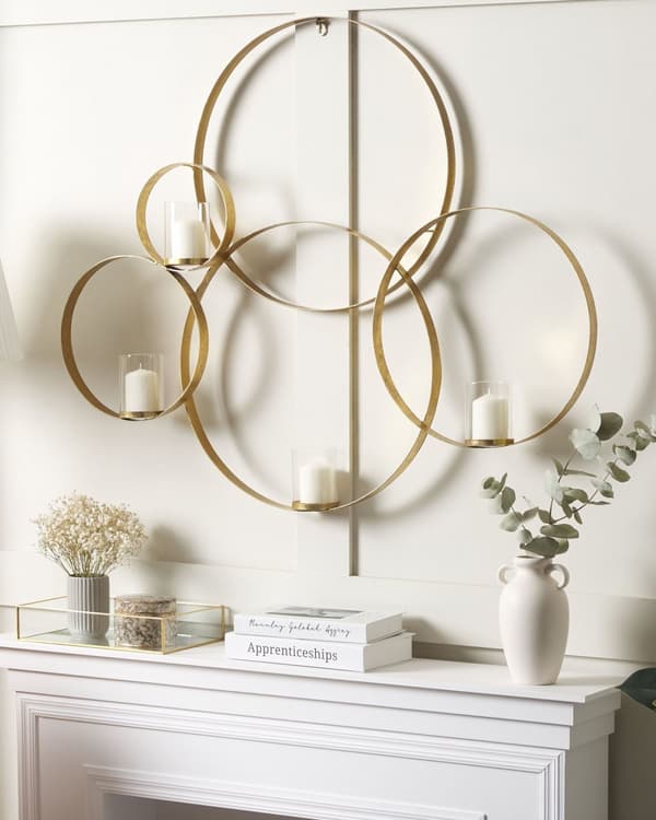 Lysestage til Væg i Guld Blank Jern og Glas 80 x 100 cm Væghængt 4 Lys i Rund Cirkel Glam Designer Dekoration Soveværelse Stue Indretning