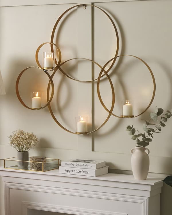 Lysestage til Væg i Guld Blank Jern og Glas 80 x 100 cm Væghængt 4 Lys i Rund Cirkel Glam Designer Dekoration Soveværelse Stue Indretning