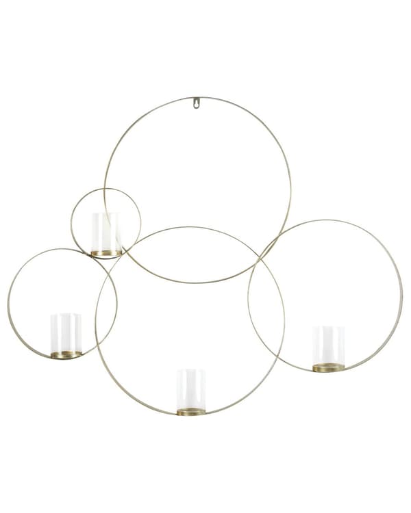 Lysestage til Væg i Guld Blank Jern og Glas 80 x 100 cm Væghængt 4 Lys i Rund Cirkel Glam Designer Dekoration Soveværelse Stue Indretning