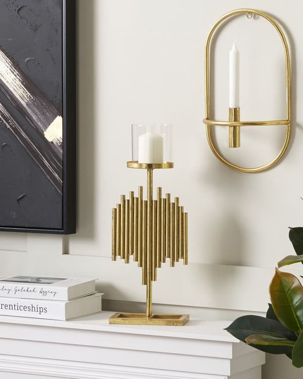 Kynttilänjalka kultainen metallia ja lasia 47 cm koriste-esine moderni tyyli