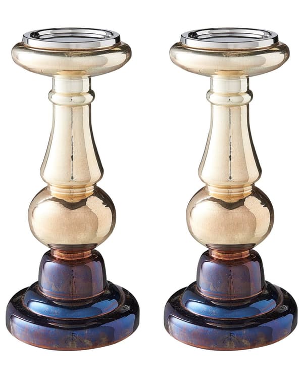 Lysestager i Guld og Iriserende Glas Sæt 31 x 13,5 cm Dekorativ Stearinlys Holdere Bloklys Kirkestage Tilbehør Stue Soveværelse Indretning