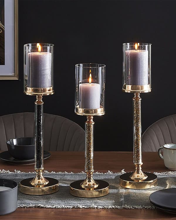 Lysestake Gull Metallsøyle 41 cm Glamourstil Dekorasjon Bord Elegant Glass