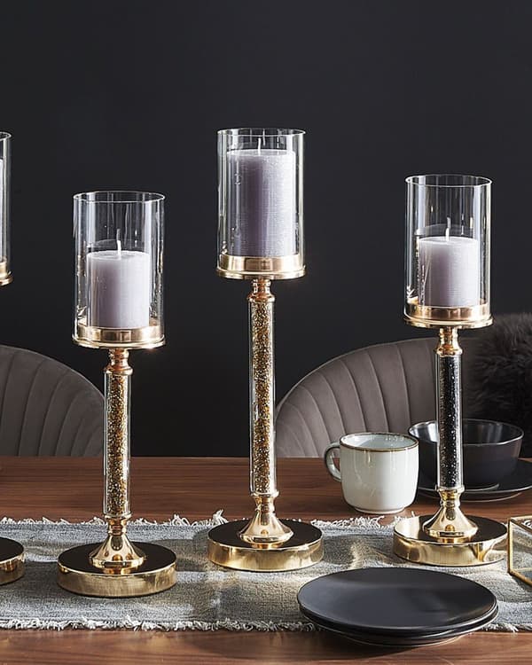 Lysestake Svart Metallsøyle 41 cm Glamourstil Dekorasjon Bord Elegant Glass