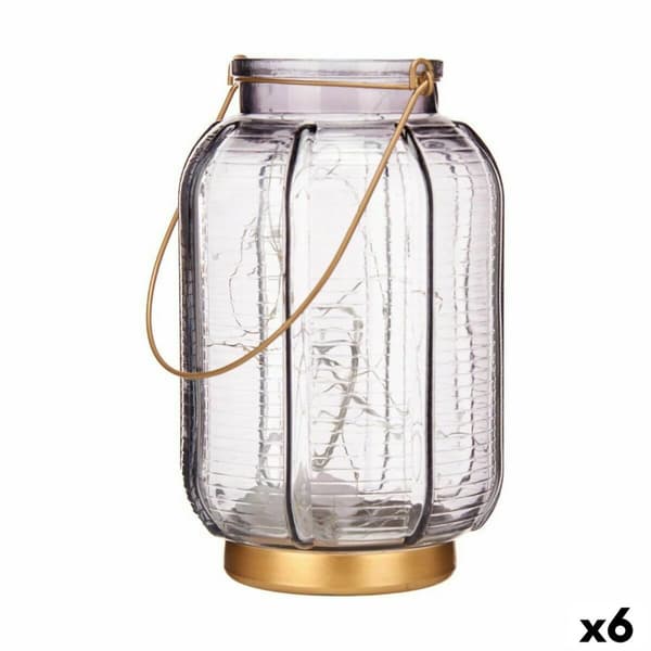 LED-lykta Ränder Grå Gyllene Glas 13,5 x 22 x 13,5 cm (6 antal)