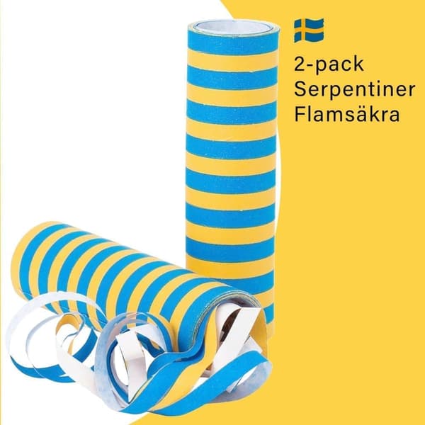 Serpentiner Blå och Gul – Flamsäkra 2-pack - för Studenten, Födelsedag, Nationaldag, Midsommar och andra Högtider