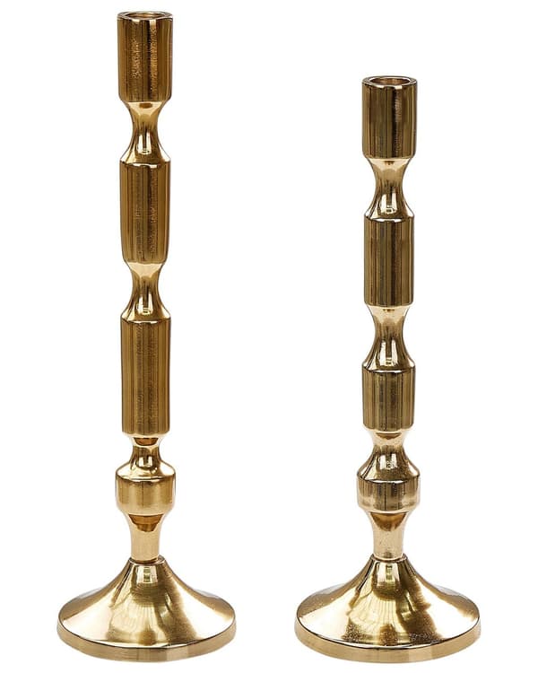 Set med 2 ljusstakar Guld Metall Glänsande Metallisk Glamour Taper Ljusstakar