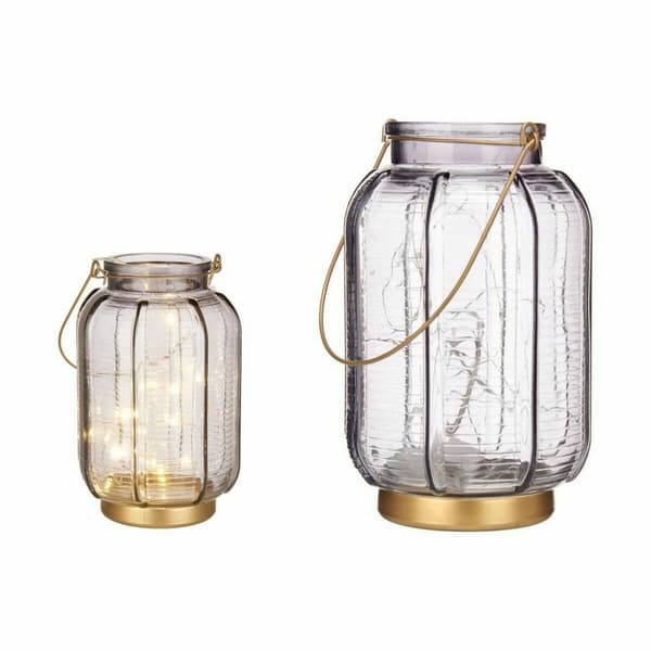LED-lykta Ränder Grå Gyllene Glas 13,5 x 22 x 13,5 cm (6 antal)