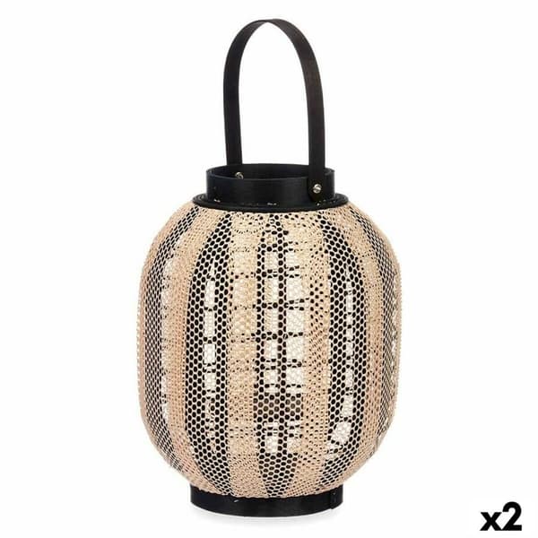 Ljusstakar Lykta Med handtag Beige Trä Tyg 27 x 32 x 27 cm (2 antal)