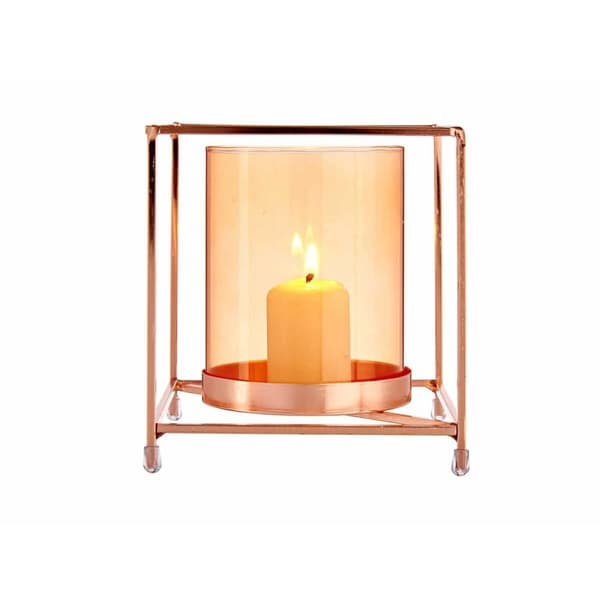 Lyseholder Firkantet Kobber Rav 14 x 15,5 x 14 cm Gylden Metal Glas